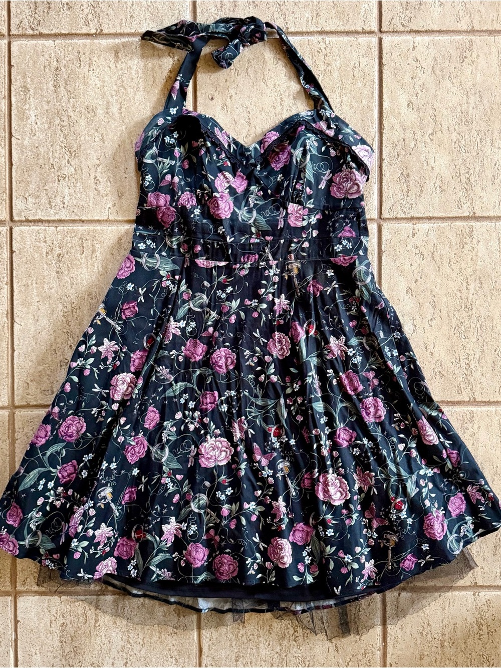 Hot Topic Retro Halter Sundress XXL Black Flowers Insects Whimsigoth Rockabilly - Picture 3 of 10